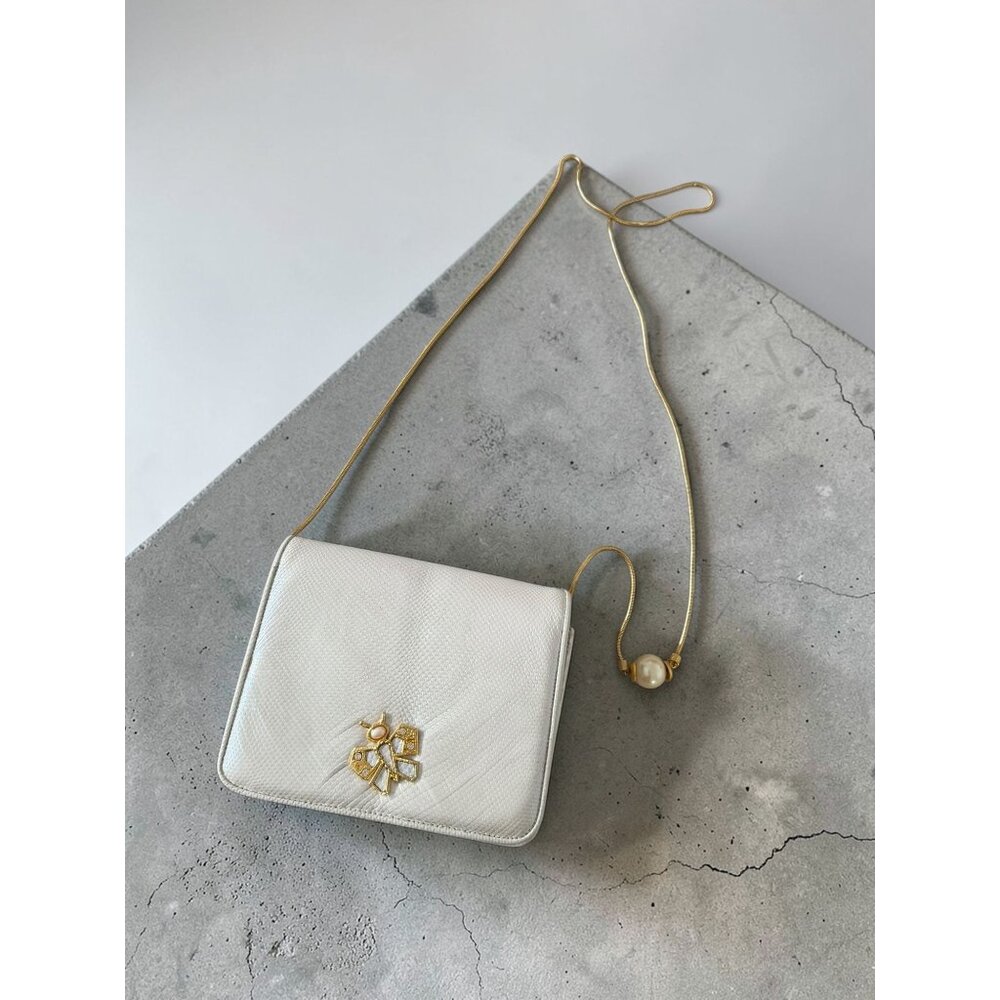 JAY HERBERT Vintage White Pearl Detail Leather Crossbody Clutch Bag